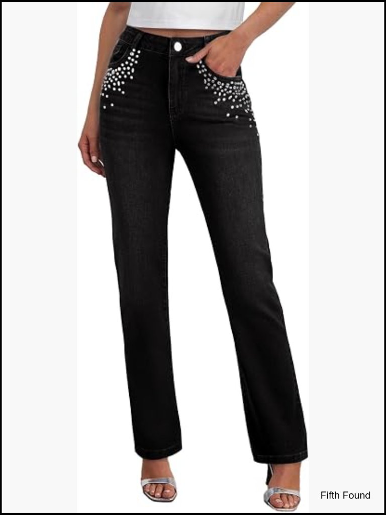 High Waisted Straight Leg Jeans Rhinestone Stretchy Wide Leg Denim Pants